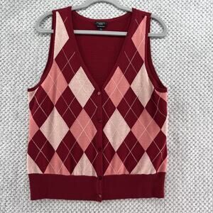 Talbots Sweater Vest Womens L Red Pink Merino Wool Argyle V-Neck Academia Preppy